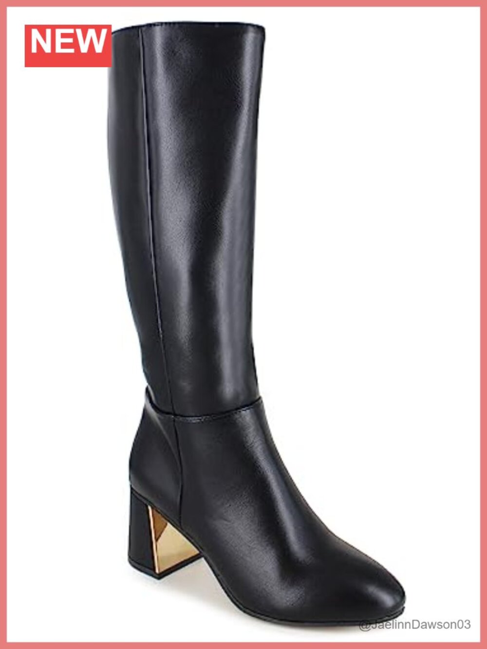 Womens Mid Calf Block Heel Boots Round Toe Zip Gold Heel Detail